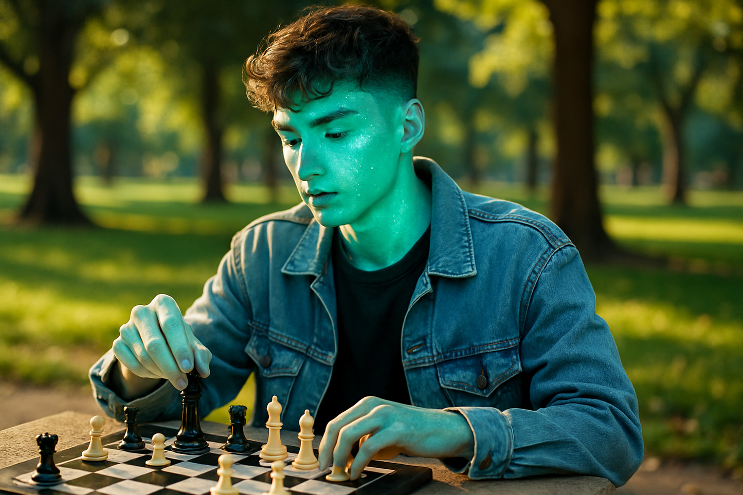 Generate male Gen Z playing chess with a glowing skin, background a park