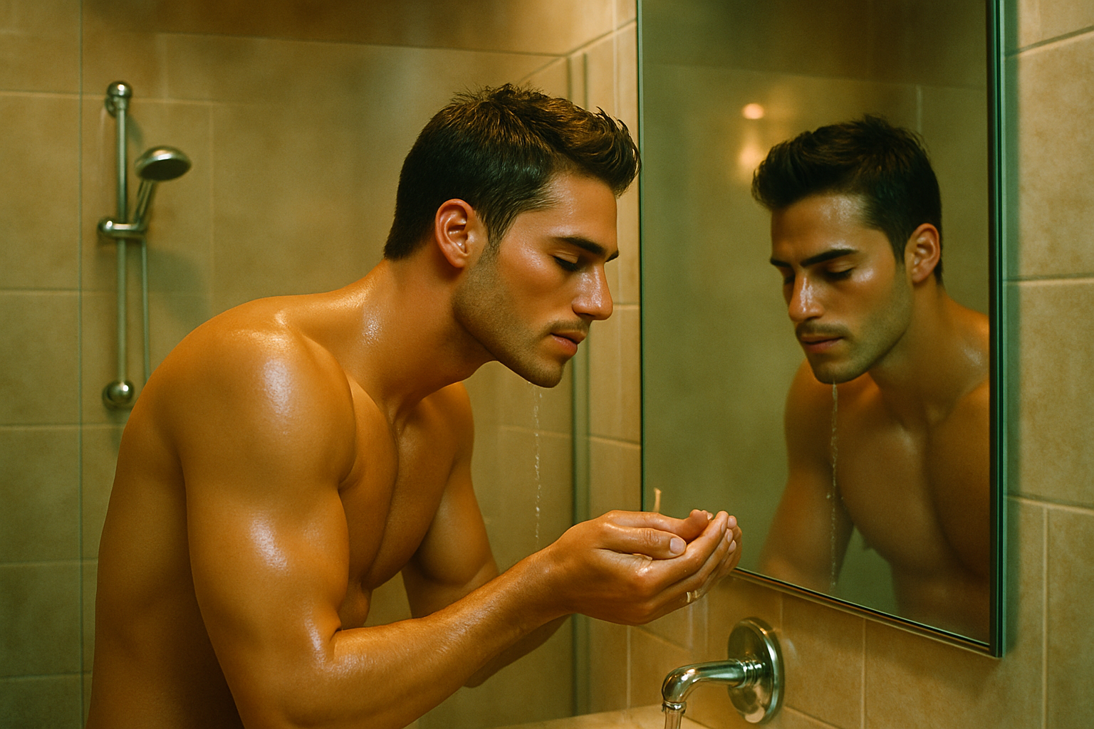 generate a millennium photo of a male washing his face and has a glowing beautiful skincare, background in a nice shower facing the mirror and holding water from foset to wash his face