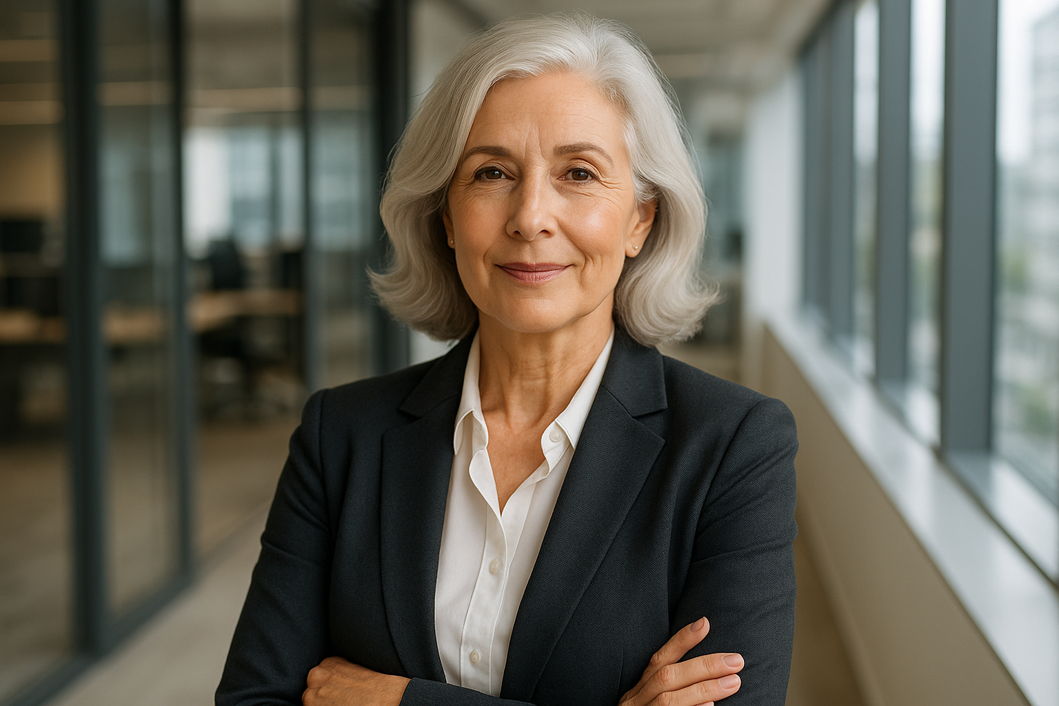 Generate a women btw 65 year old, in a office with nice skin 