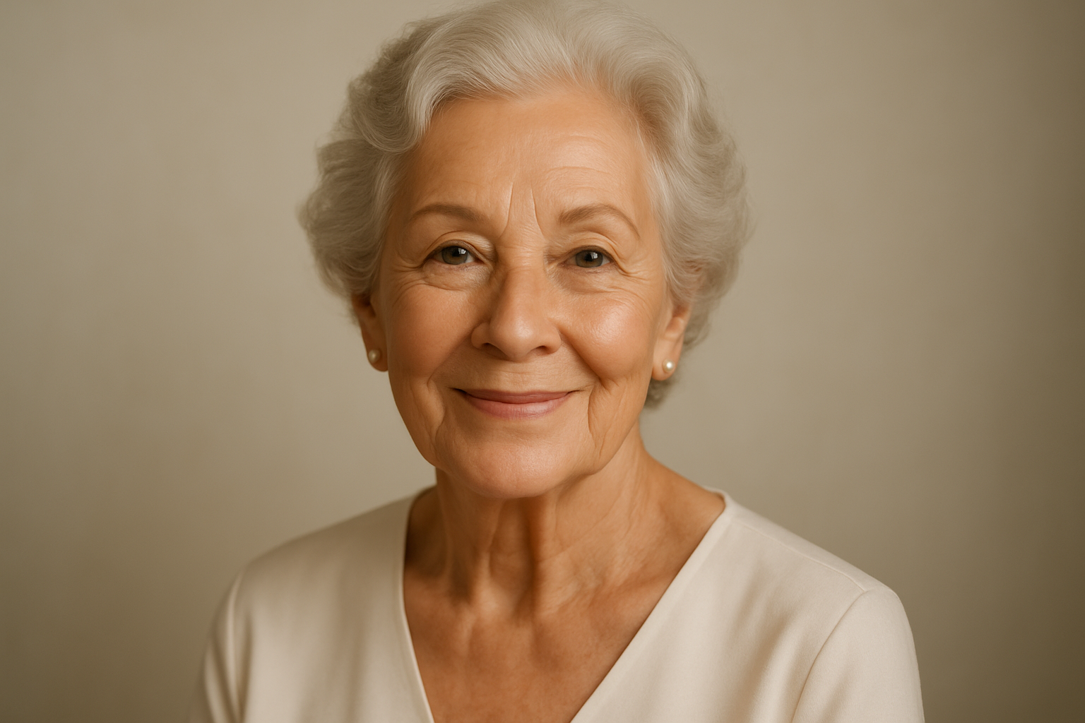 Generate an image of an older women btw 70 to 80 with a nice skin face.