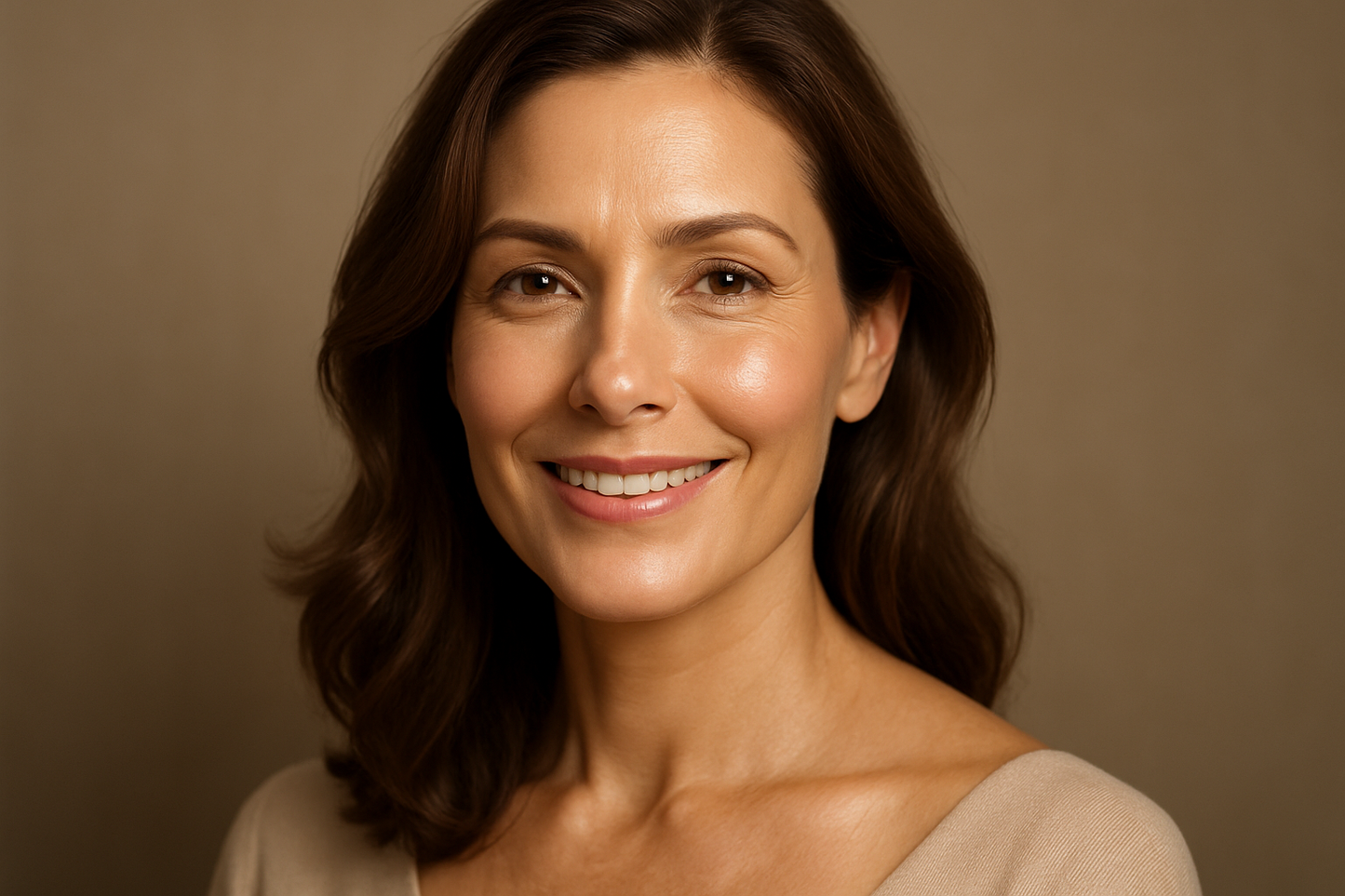 Generate another image of a women btw 40 and 50 years old with a nice skin face. 